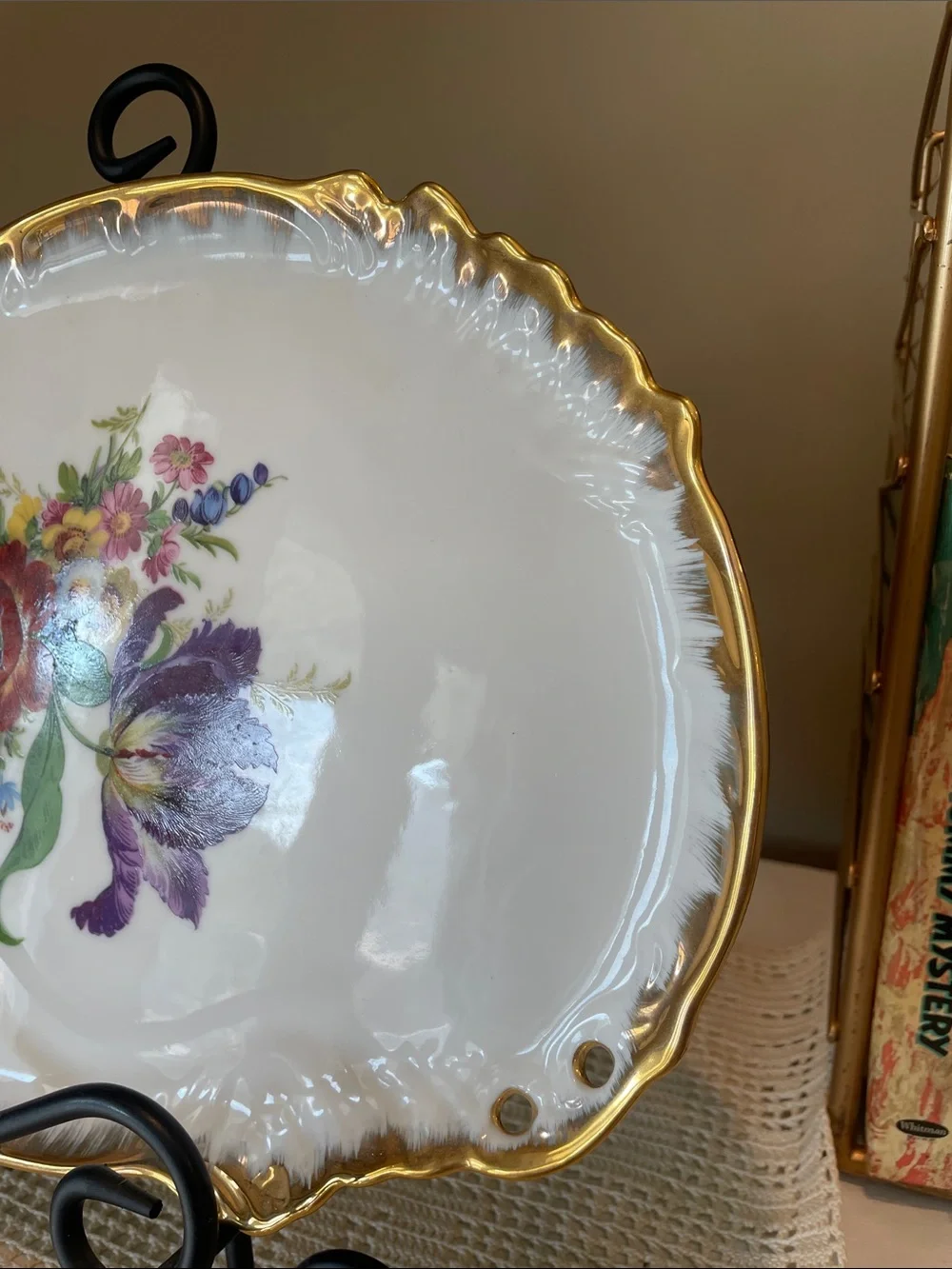 White Porcelain Floral Serving Platter with Gold Trim